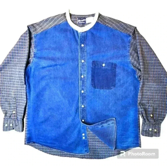 Wrangler denim& patterned banded collar button down shirt/ overshirt. Vintage L - Picture 1 of 7
